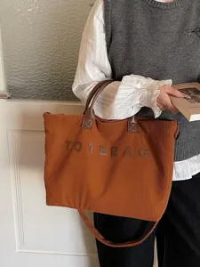Minimalist Corduroy Tote Bag For Women Large Capacity Embroidered Casual Shoulder Bag Classic Letter Patchwork Commuter Handbag