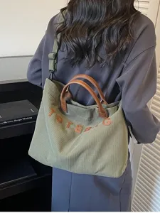 Corduroy tote bag for women stylish casual shoulder bag with brown leather handles large capacity