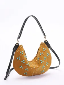 Vintage mustard yellow crescent hobo bag with turquoise studs and black double straps