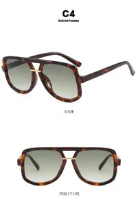 Detailed side and front views of retro tortoiseshell aviator sunglasses with green lenses.