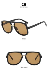 Front and side view of retro double-bridge aviator sunglasses with brown lenses