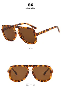 Detail view of retro leopard print double-bridge aviator sunglasses from two angles.
