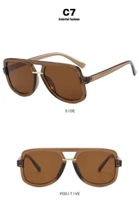 Oversized retro double-bridge aviator sunglasses with brown frame and lenses, side and front view