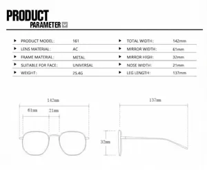 Especificaciones técnicas detalladas y tabla de tallas para gafas de sol ovaladas de metal