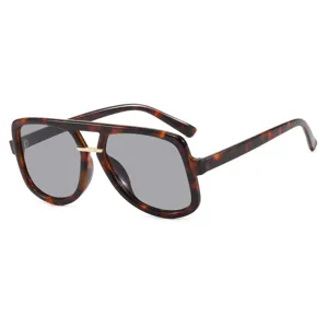 Retro oversized double bridge aviator sunglasses with tortoiseshell frame and grey lenses