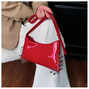 Glossy red shoulder bag for women with metal rings punk style chic underarm purse fashion handbag