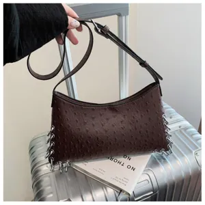 Brown Ostrich Texture Shoulder Bag Punk Style Chic Underarm Bag with Metal Chains