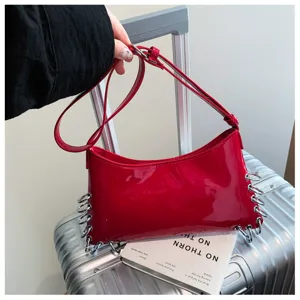 Red patent leather shoulder bag with metal rings punk style underarm bag chic style