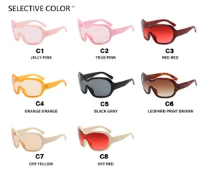 Selection of Y2K futuristic oversized sunglasses available in eight different vibrant colors