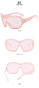 Pink Y2K futuristic shield sunglasses shown from side, front, and back views