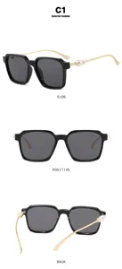 Drei Ansichten einer quadratischen Sonnenbrille mit eleganten Perlen an den Bügeln