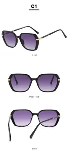 Comprehensive detail view of retro square sunglasses with purple gradient lenses and gold trim