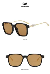 Detaillierte Seiten- und Frontansichten eleganter schwarzer quadratischer Sonnenbrille mit Perlen