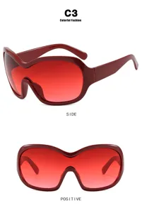 Red Y2K oversized shield sunglasses showing front and side views in punk style