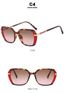 Detailed views of vintage square sunglasses with red tortoise frames and gradient lenses.