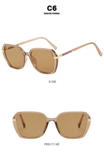 Retro square sunglasses with brown translucent frames and lenses in two view angles