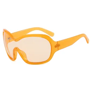 Vibrant orange Y2K futuristic wrap-around sunglasses with a punk sports aesthetic