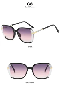 Front and side view of vintage square sunglasses with gradient purple lenses