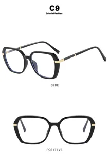 Detail view of stylish square black fashion glasses from side and positive angles