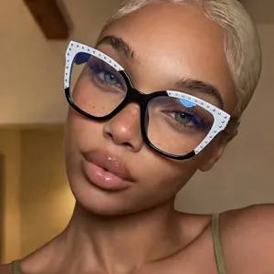 Women's Fashion Cat Eye Anti-blue Light Glasses Rivet Patchwork PC Frame Optical Glasses Fashion Plain Glasses Frames For Square Face
