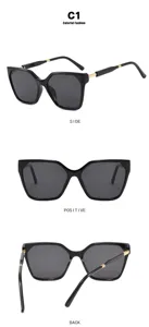 Detailed views of black oversized cat-eye sunglasses from front, side, and back angles.