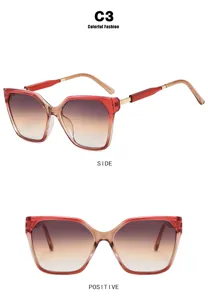 Detailed front and side views of oversized cat-eye sunglasses with gradient lenses