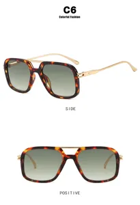 Lunettes de soleil rétro à monture carrée, motif écaille, double pont et branches dorées