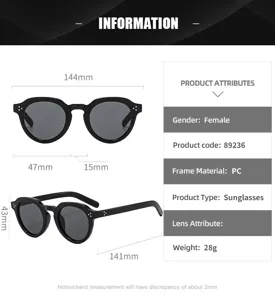 Vista detallada de gafas de sol retro redondas con dimensiones y especificaciones del producto.