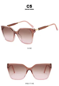 Detailed views of square cat eye sunglasses with brown gradient lenses and pink frames