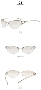 Detailed views of silver Y2K metal semi-rimless cat-eye sunglasses from multiple angles