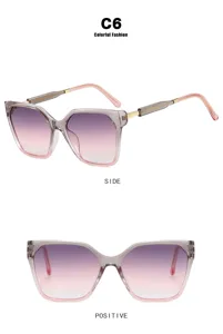 Detail views of retro square cat-eye sunglasses with gradient pink lenses and clear frames
