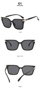 Detailed views of black square sunglasses with gold accents shown from multiple angles