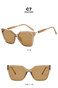 Front and side views of square cat-eye sunglasses in stylish translucent amber tea color