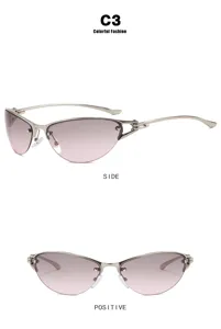 Y2K vintage metal half-frame cat-eye sunglasses for women with pink gradient lenses.