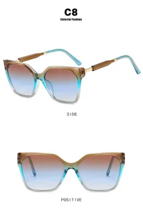 Detailed product shots of stylish cat-eye sunglasses with brown-blue gradient lenses