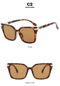 Detail views of tortoiseshell square sunglasses with brown lenses and metal hinges