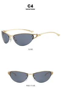 Y2K metal semi-rimless cat-eye sunglasses featuring dark grey lenses and gold frame