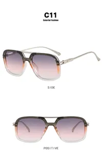 Lunettes de soleil rétro à double pont pour femmes, vues de face et de côté, verres dégradés.