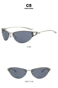 Detail view of Y2K metal half-frame cat-eye sunglasses in side and positive angles