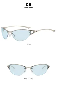 Side and front view of Y2K metal semi-rimless cat-eye sunglasses with blue lenses