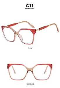 Detail view of square cat-eye glasses frame in red gradient from side and front angles
