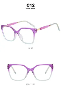 Detailed views showing the side and front of gradient purple cat-eye sunglasses.