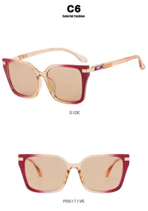 Detailed view of oversized square sunglasses featuring unique color-block gradient frames