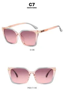 Side and front views of square colorful fashion sunglasses with gradient lenses.