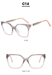 Detailed side and front views of trendy cat-eye glasses with pink grey gradient frames