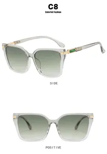 Detailed front and side views of square minimalist sunglasses with gradient lenses