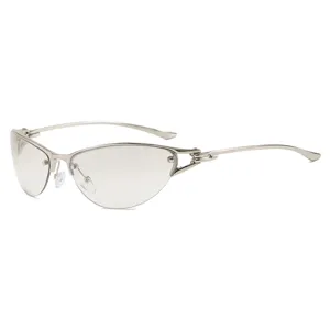 High-end Y2K silver metal semi-rimless cat-eye sunglasses with transparent lenses