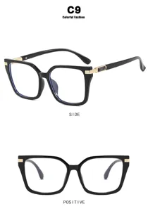 Retro square glasses with black frame and gold accents shown in front and side views