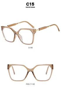 Detailed views of tan translucent square cat-eye frames from positive and side angles.