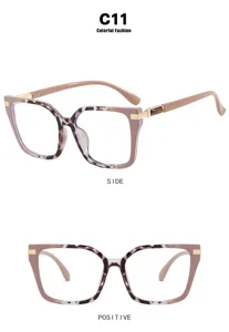 Detailed macro views of oversized square glasses with pink and tortoiseshell frames